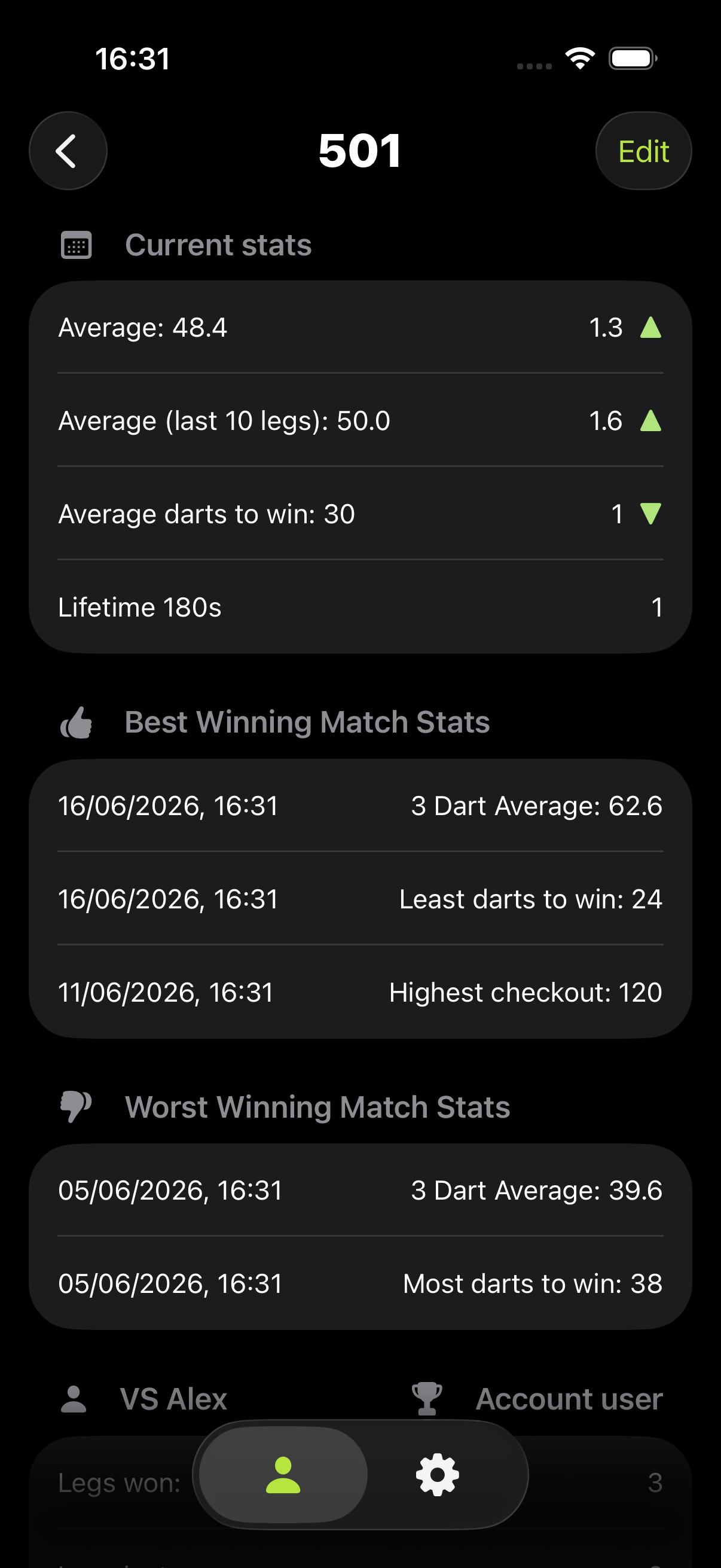 DartBot 501 stats screen with average, 180s, and best match stats.