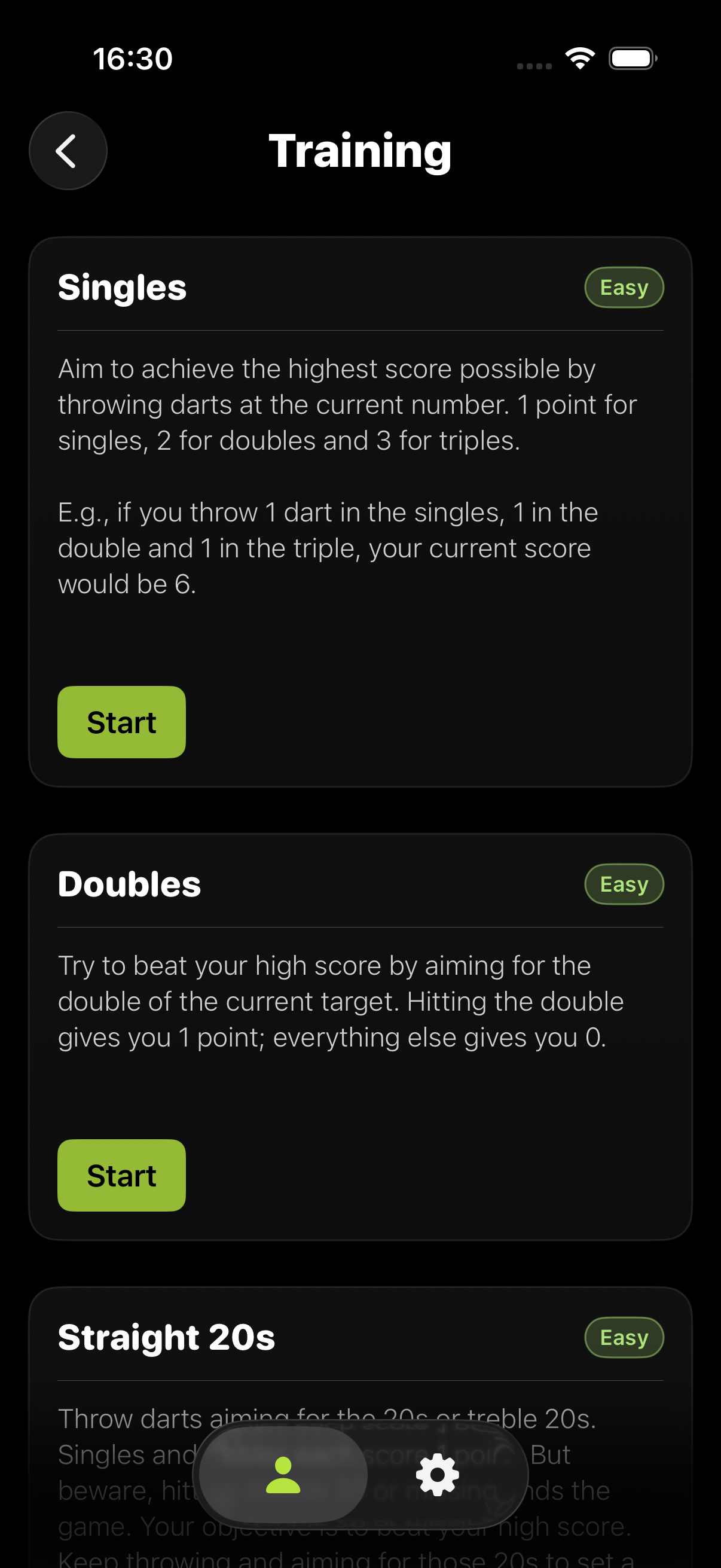 DartBot training games list showing drills like Singles and Doubles.
