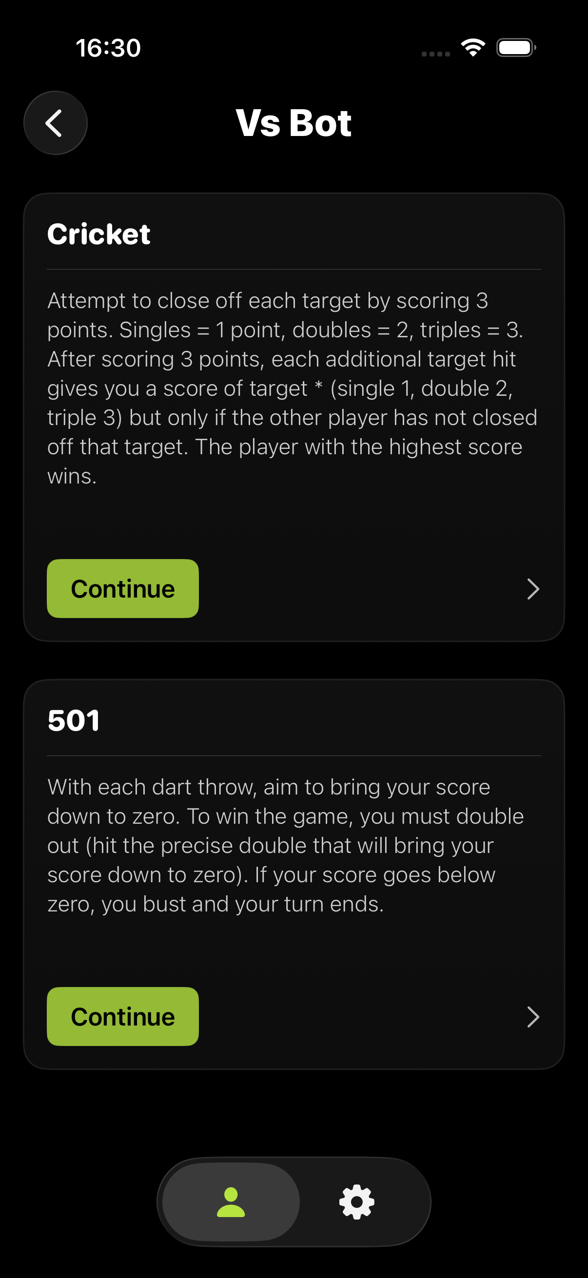 DartBot versus bot screen showing Cricket and 501 options.